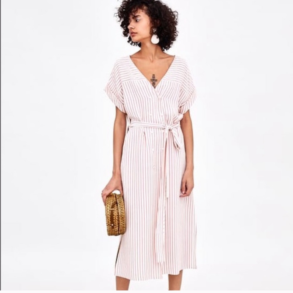 Zara TRF Red White Striped Button Front Midi - XS